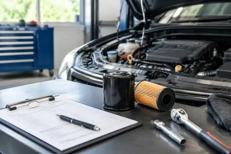 Açık motor bölmesinin yanında bakım kaydı ve servis parçaları