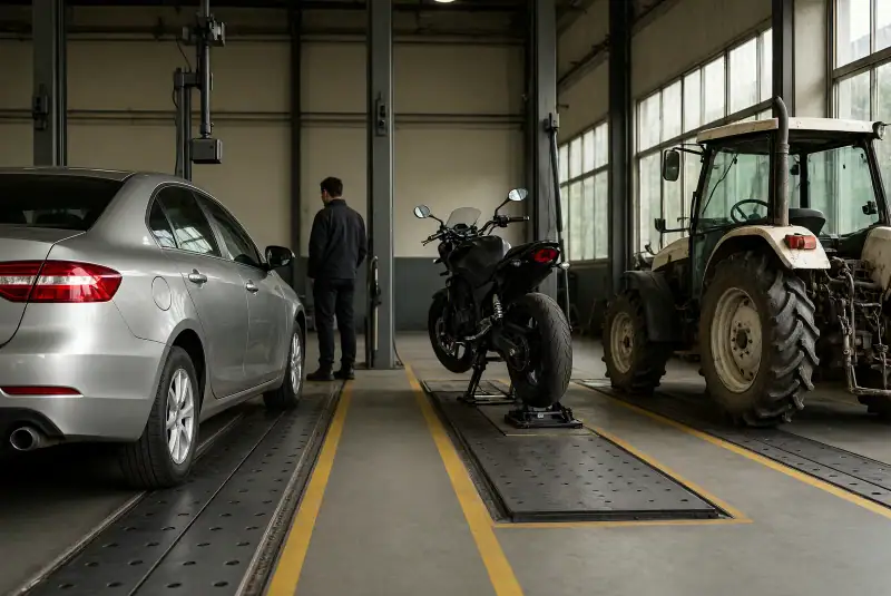 Araç muayene istasyonunda kontrol edilen otomobil; yan bölümlerde motosiklet ve traktör