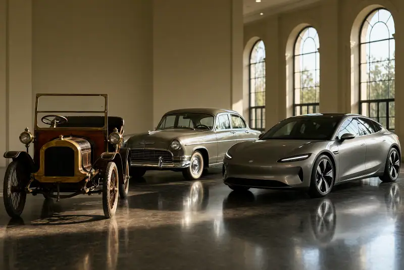 Bir otomobil müzesinde yan yana sergilenen, ilk dönem motorlu taşıttan modern elektrikli otomobile uzanan araçlar